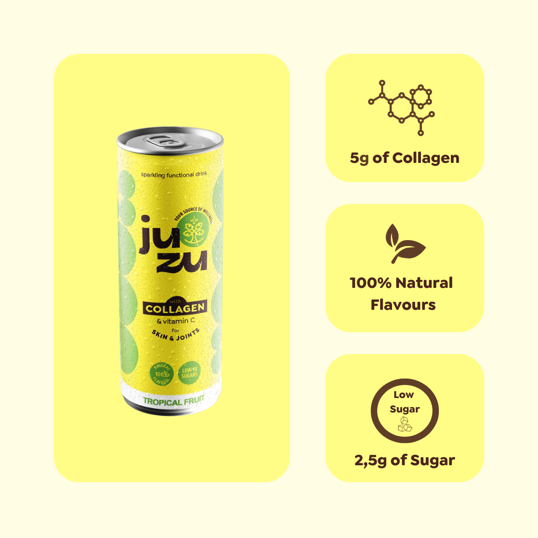 JUZU Tropical Fruit soda with collagen, 100% natural flavours, and low sugar content