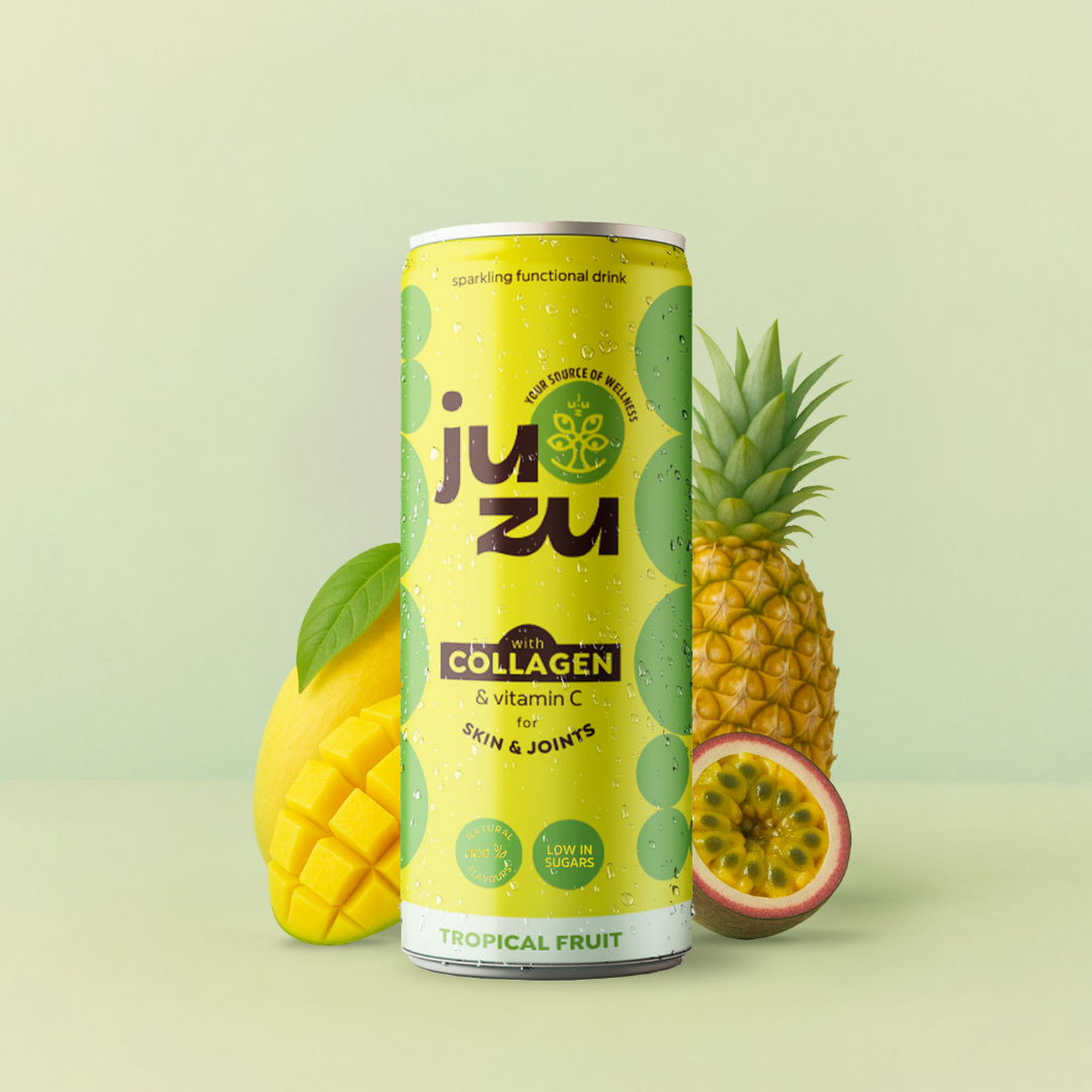 JUZU Tropical Fruit collagen soda with mango, pineapple, and passion fruit