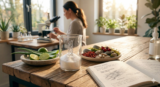 Femme utilisant un microscope avec des ingrédients santé pour expliquer pourquoi votre corps a besoin de collagène.