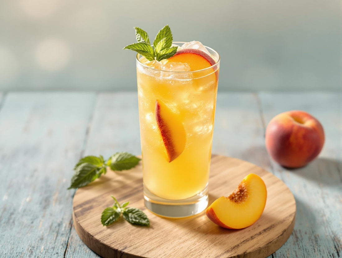 Glass of healthy peach soda with ice and mint on a wooden tray
