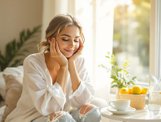 Relaxed woman enjoying morning sunlight with tea and fresh citrus